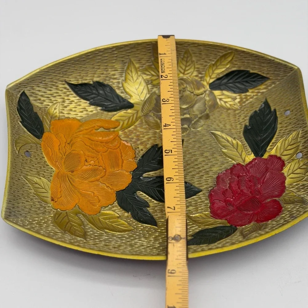 Vintage Asian Style Floral Peony Decorative Tray Gold Textured Relief 9.5 Inch